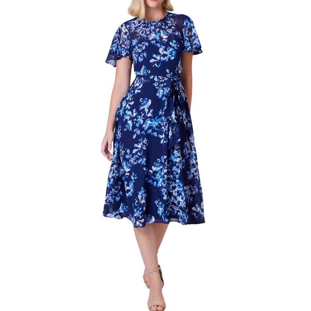 Jessica Howard Navy Blue Floral Chiffon Midi Dress JH4M5584 Size 16 NWT
